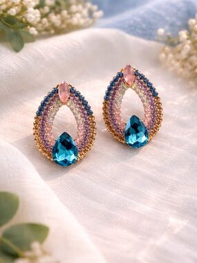 Gold Teardrop Earrings with Blue and Pink rhinestones gorgeous 925 posts